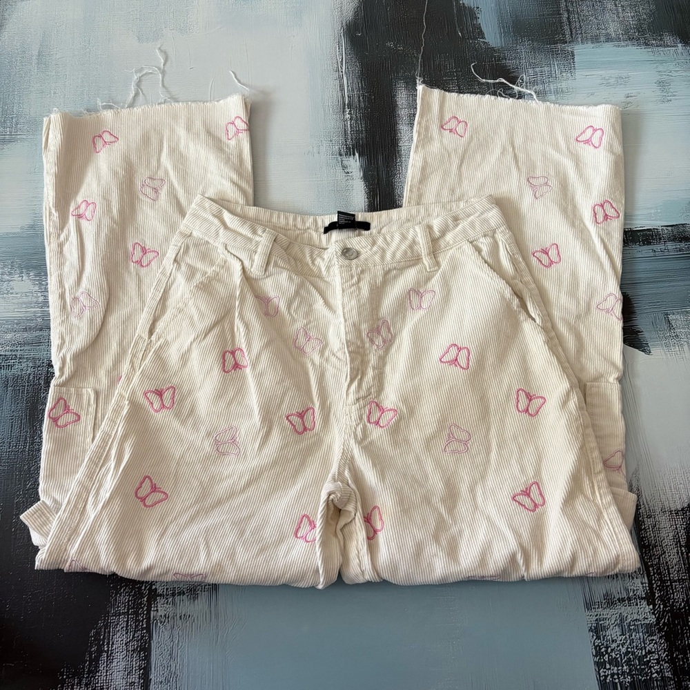 Forever 21 Butterfly Embroidered Corduroy Cargo Pants Women’s Medium Pink Y2K